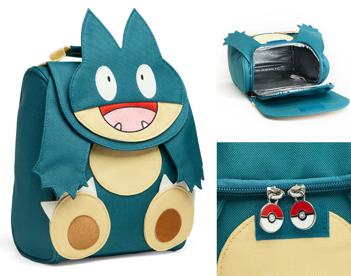 Pokémon Munchlax Lunch Bag Finished Product With Photos of the Face, Inside, and Zipper Pull